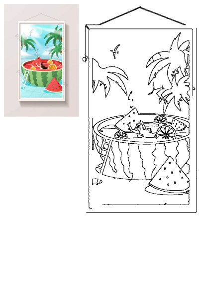 A vibrant illustration of a woman relaxing in a watermelon-shaped pool with fruit slices on a tropical beach, featuring palm trees and seagulls for a summer vibe.