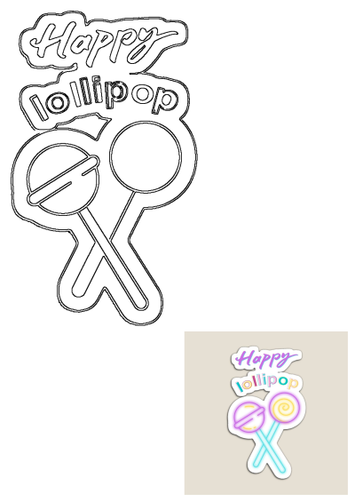 Outline design for a happy lollipop sticker featuring neon candy sweet style text and two lollipops ready to be colored.