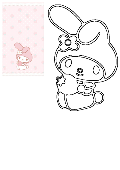 Cute pink My Melody bunny wallpaper with strawberry and polka dot pattern, plus a separate My Melody outline drawing.