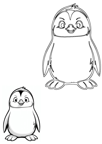 Cute cartoon penguin illustration with big eyes. Features a smiling black outline penguin and a smaller partially shaded penguin.