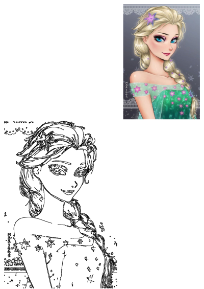 Frozen Princess Elsa drawing featuring blue eyes, blonde braided hair with a purple flower, and a green off-shoulder dress with pink flowers.