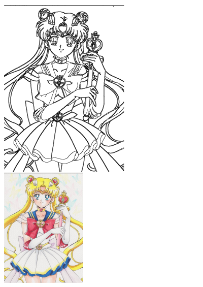 Sailor Moon anime character holding the Cutie Moon Rod, depicted in both a detailed outline and a vibrant colored illustration.