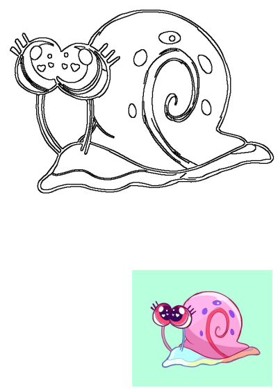 Cartoon Gary Snail with big eyes depicted in both an outline sketch and a brightly colored illustration.