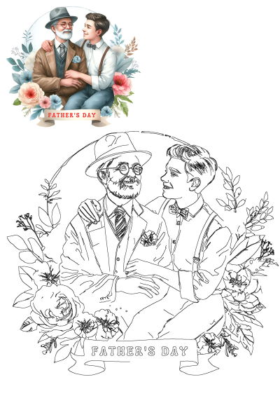 A heartfelt Father's Day illustration featuring an older man and younger man in a loving embrace, adorned with beautiful flowers, symbolizing family and celebration.