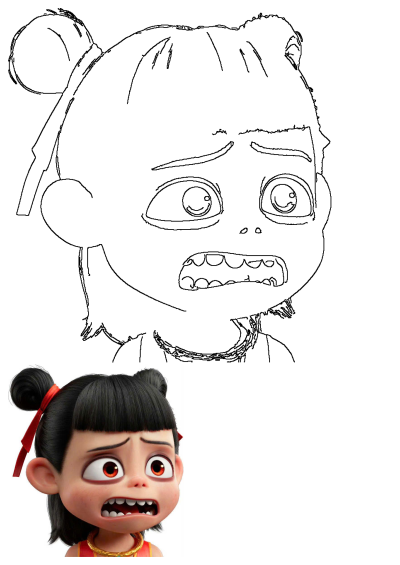 A frightened animated girl with big eyes and black hair, featured as a bold line art drawing alongside a vibrant colored reference image.