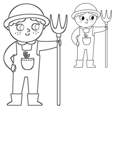 Outline of a cute gardener boy wearing a hat and overalls with a flower on his pocket, holding a pitchfork, perfect for kids to color.
