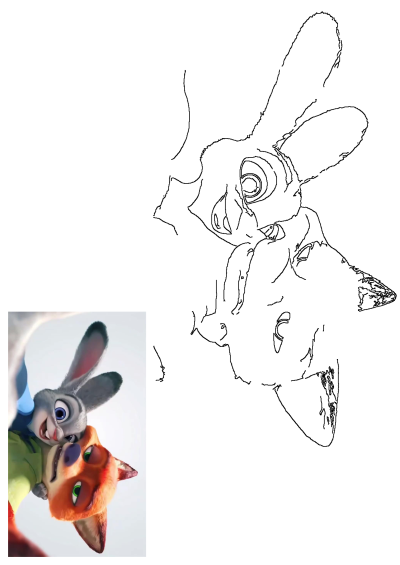 Zootopia's Judy Hopps and Nick Wilde in a smiling close-up, alongside a blank outline drawing for coloring.