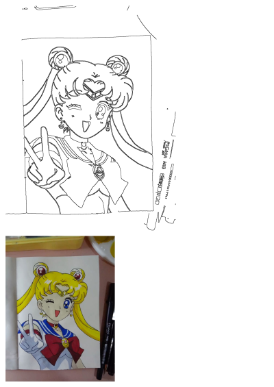 A vibrant Sailor Moon drawing in an open book, showcasing her winking and making a peace sign, with an uncolored outline above.