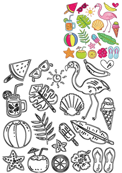Colorful vector illustrations for a summer vacation beach theme, featuring flamingo, ice cream, tropical leaves, and more, plus outline versions.