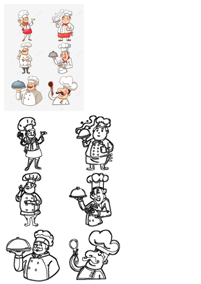 Vibrant cartoon chef characters in diverse poses and expressions, male and female cooks holding serving domes/spoons, with outline versions included.