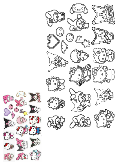 Vibrant Sanrio character stickers featuring Hello Kitty, Kuromi, My Melody, Cinnamoroll, with matching crafting outlines.