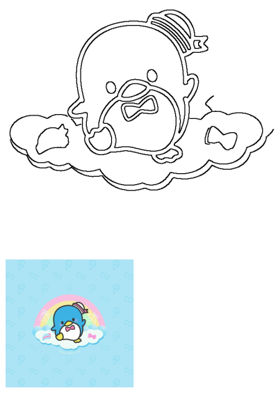 A cute blue penguin wearing a hat and bowtie sits on white clouds with a pastel rainbow behind it and a light blue patterned background.