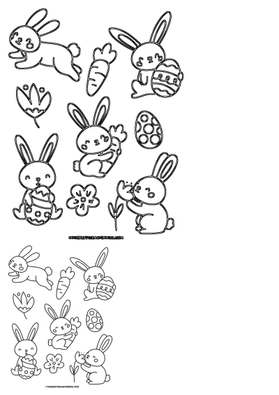 This cute Easter bunny coloring page features a variety of bunnies, eggs, flowers, and carrots for a fun activity.