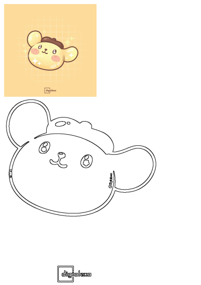 A cheerful yellow cartoon animal head with a brown beret and rosy cheeks, surrounded by sparkling stars, paired with an outline drawing for coloring.