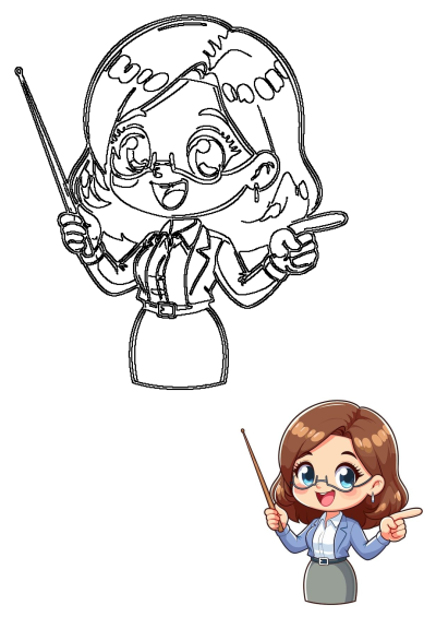 Smiling cute cartoon teacher character with brown hair, blue eyes, glasses, a pointer, and pointing gesture. Dressed in a blazer and skirt.