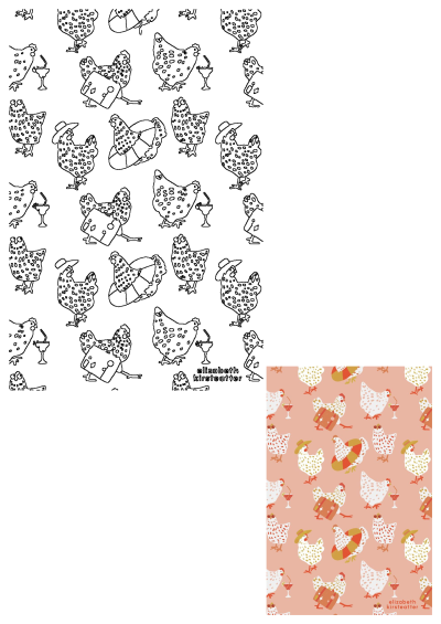 Playful pink pattern with chickens wearing sunglasses, carrying suitcases, and enjoying cocktails. Also includes a black outline version.