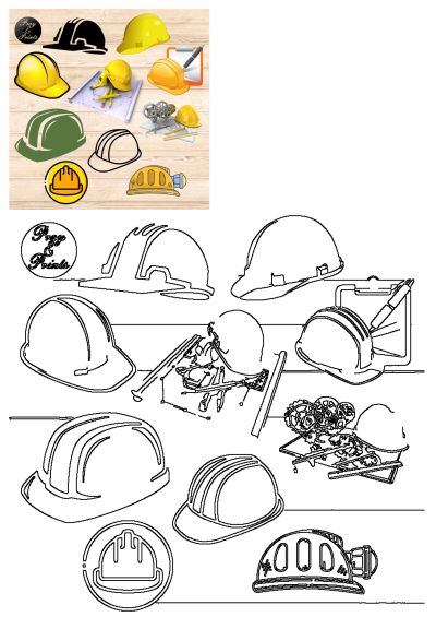 Design your own construction helmets & tools. Includes colorful hard hats, blueprints, and outlines on wood for creative projects.