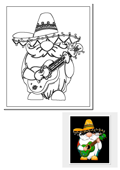 Outline drawing of a cheerful cartoon gnome wearing a festive sombrero and strumming a guitar, ready for a creative project.