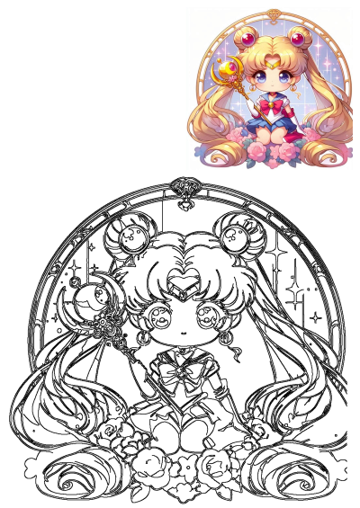 Cute Chibi Sailor Moon anime fan art: a vibrant illustration with moon stick and roses, plus a detailed black-and-white outline.