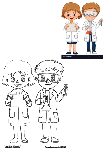 Cartoon kids scientists in lab coats. A boy with goggles, beaker, and test tube, a girl with a blank sign. Both colored and outline art.