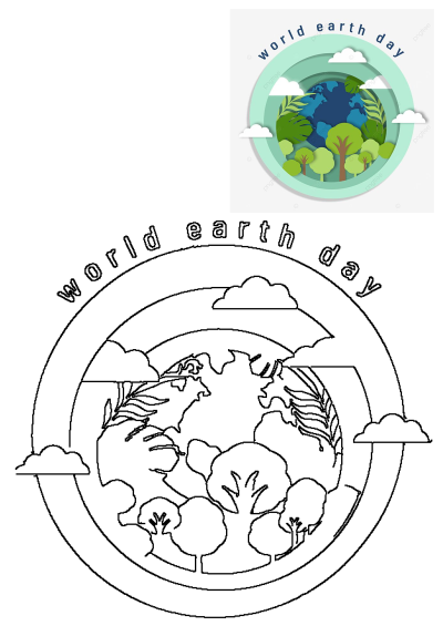 World Earth Day logo sticker featuring planet Earth, vibrant trees, and clouds, presented alongside a black outline drawing.
