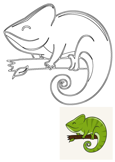 An adorable green chameleon outline with a happy smile perched on a tree branch, its tail distinctively curled. Perfect for coloring.