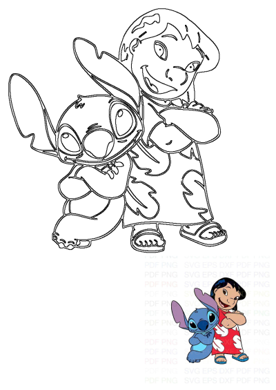 An outline illustration of Lilo and Stitch standing side-by-side with crossed arms and playful smiles, highlighting their bond.