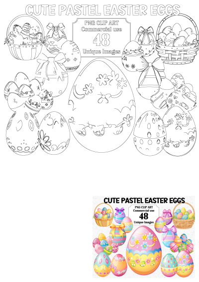 A delightful collection of 48 unique cute pastel Easter eggs PNG clip art, adorned with bows, flowers, and baskets, perfect for spring projects.
