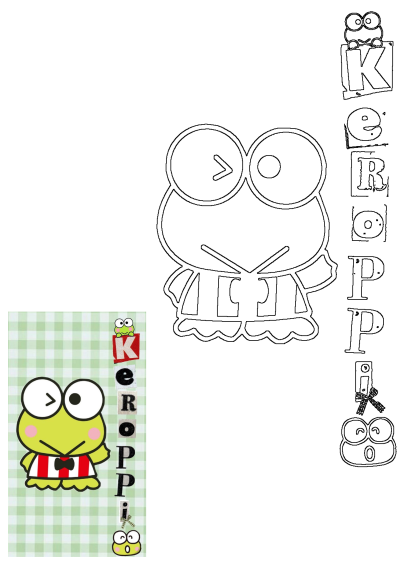 Keroppi cartoon frog character outline drawing, emphasizing the initial K. Includes a smaller colored Keroppi on a green checkered background.