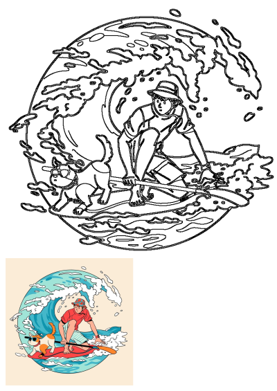 Black and white outline cartoon of a man and dog stand-up paddleboarding on a large ocean wave. Man holding paddle, dog with sunglasses.