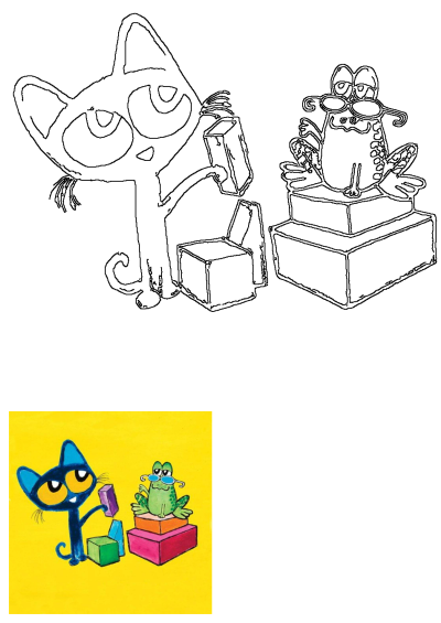 An illustration of Pete the Cat stacking blocks with Grumpy Toad sitting on a stack. Includes both a detailed line art drawing and a vibrant colored version on a yellow background.