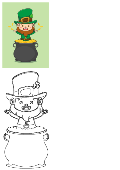Cute cartoon leprechaun in a pot of gold for St. Patrick's Day, happy and surrounded by shimmering coins.