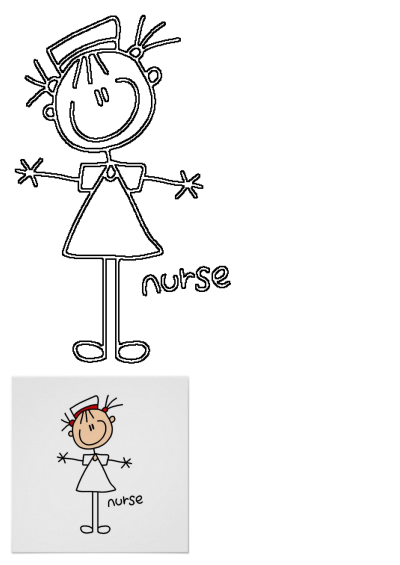 A smiling stick figure nurse cartoon illustration in a cap and uniform, depicted as a black outline drawing and a small colored version.
