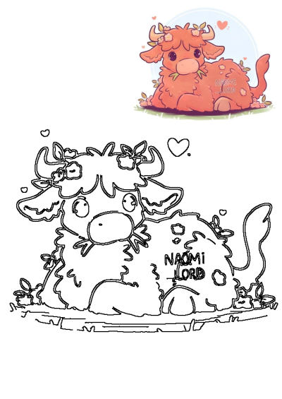 A cute, fluffy orange cartoon cow illustration adorned with flowers, alongside its black outline drawing for a coloring page by Naomi Lord.