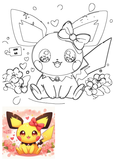 An adorable Pichu Pokemon character in outline form, featuring a charming bow, delicate flowers, and playful hearts, perfect for coloring.