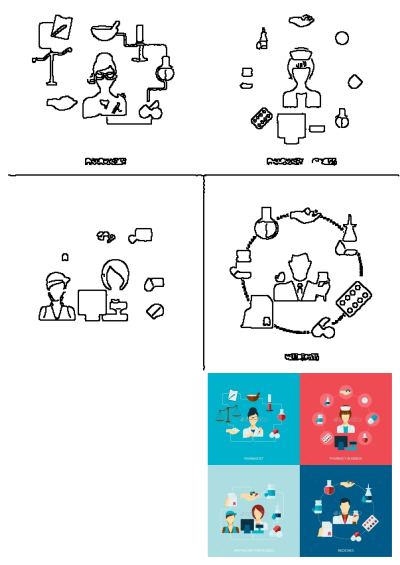 Flat design icon set showcasing pharmacist, pharmacy, apothecary, and medicine professions with related health and business concepts.