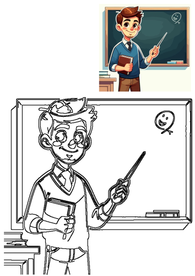 Friendly cartoon teacher pointing at a blackboard with a smiley face, holding a book. Includes a black-and-white outline version for various uses.
