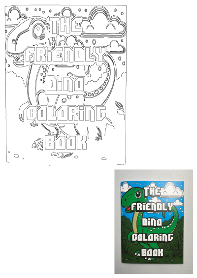 The colorful cover for Friendly Dino Coloring Book, featuring a smiling green dinosaur, fluffy clouds, and jungle foliage.