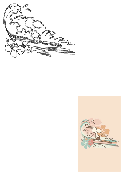 Snoopy, the famous beagle, playfully surfs a wave alongside vibrant tropical flowers in this cheerful cartoon illustration.