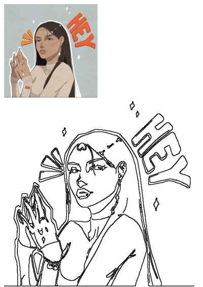 Valerija, an illustrated brunette woman with clasped hands, saying 'Hey,' presented alongside a black and white line art version.