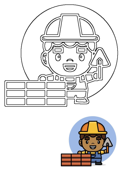 A smiling cartoon builder wearing a yellow hard hat and blue overalls, holding a trowel and standing next to a stack of orange bricks.
