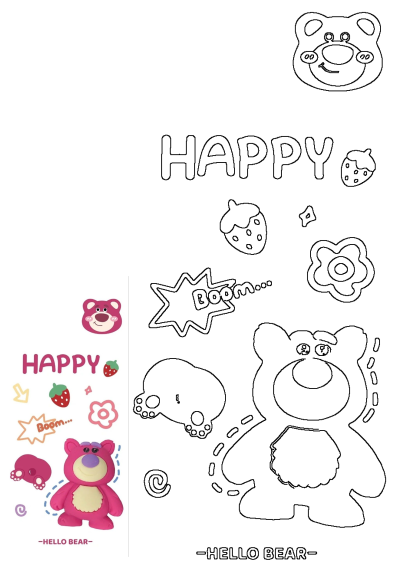 A delightful set of pink Lotso Bear stickers featuring the happy character, strawberries, 'HAPPY' text, and fun outlines for customization.