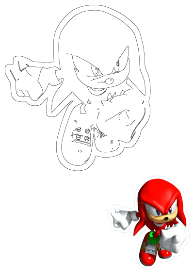 Knuckles the Echidna Sonic sticker showcasing a red colored design alongside its matching black outline template, on white background.