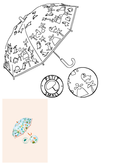 A kids' umbrella design featuring a vibrant animal, tree, and dinosaur pattern with volcanoes. Includes Petit Small branding elements.