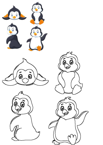A collection of cute cartoon penguins, featuring both colored illustrations and black line art, in various adorable poses on a clean white background.