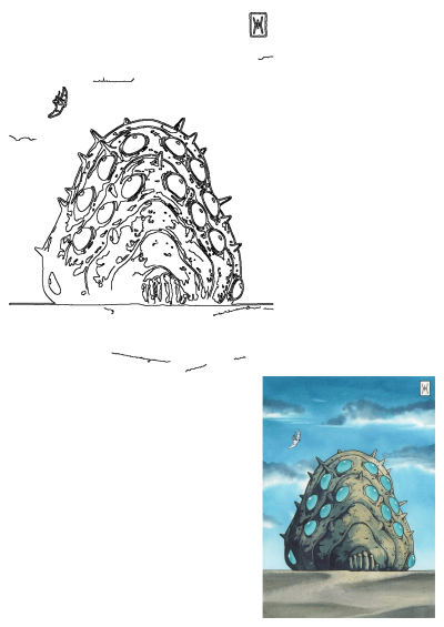 Artwork of a strange, spiky desert creature with multiple glowing blue eyes, resembling a unique organic dwelling in a barren landscape.