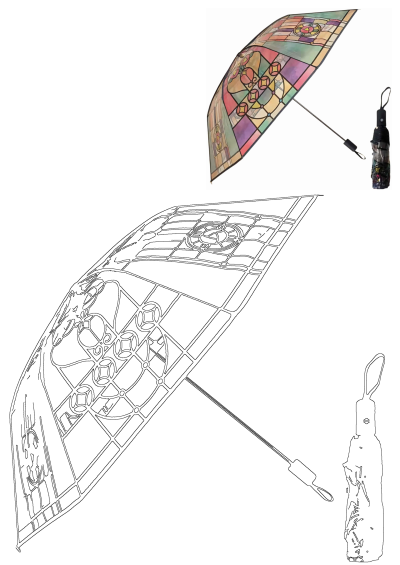 A vibrant, hand-painted stained glass inspired umbrella featuring intricate geometric patterns, alongside its detailed outline drawing.