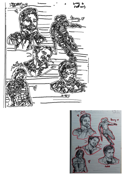 Bucky Barnes fan art sketch collection, presented as crisp line art outlines of the Marvel character in various poses and expressions.