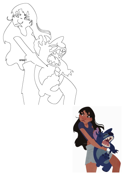 Lilo Pelekai holds a snarling Stitch, resembling a stuffed animal, in an expressive outline illustration with a small colored version.