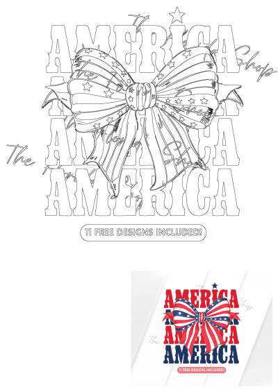 Patriotic American flag bow design featuring red, white, blue stars and stripes, shown as outline and colored graphic. 11 free designs included!
